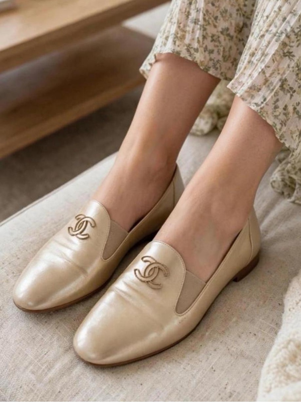 CHANEL Cream Leather Loafers with Gold CC Emblem